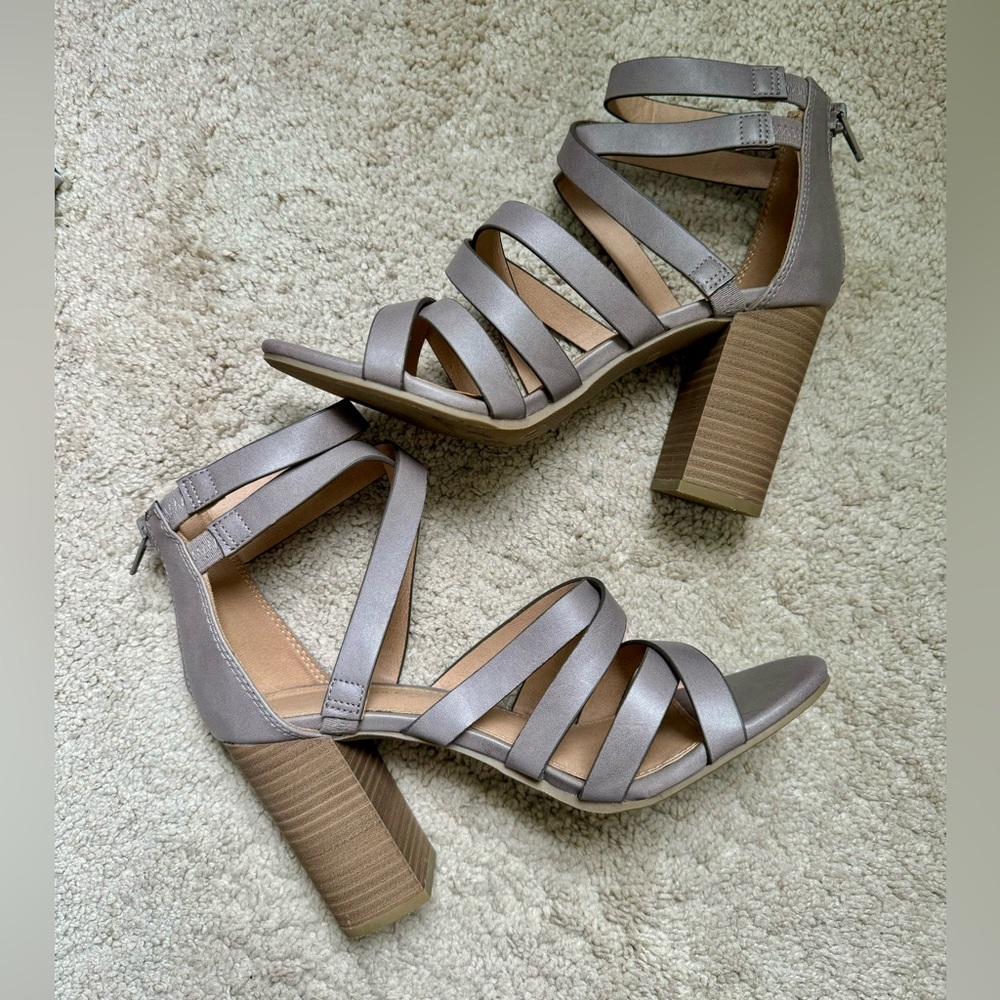 Strappy Taupe Stacked Heels